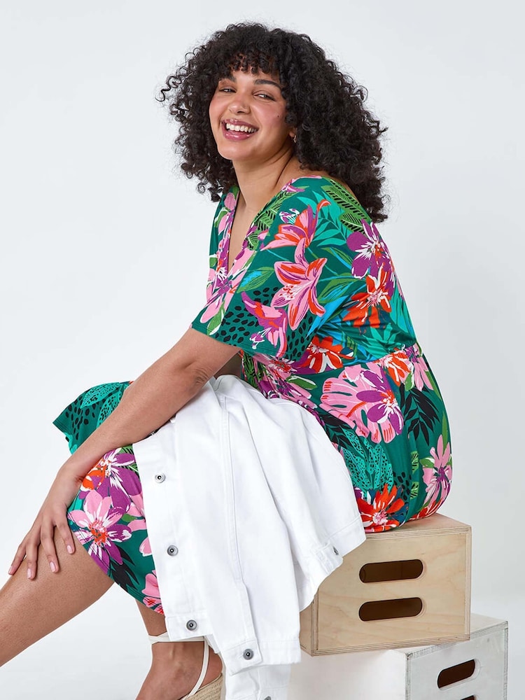 Roman Green Ruched Front Tropical Leaf Dress - Image 1 of 5