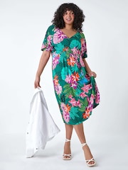 Roman Green Ruched Front Tropical Leaf Dress - Image 2 of 5
