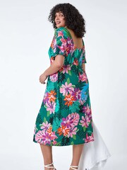 Roman Green Ruched Front Tropical Leaf Dress - Image 3 of 5