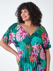 Roman Green Ruched Front Tropical Leaf Dress - Image 4 of 5