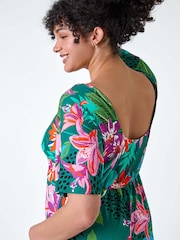 Roman Green Ruched Front Tropical Leaf Dress - Image 5 of 5