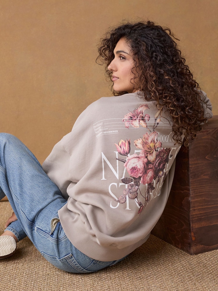Neutral Stone Pretty Floral Longline Back Graphic Relaxed Fit 100% Cotton Sweatshirt - Image 1 of 7