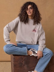 Neutral Stone Pretty Floral Longline Back Graphic Relaxed Fit 100% Cotton Sweatshirt - Image 2 of 7