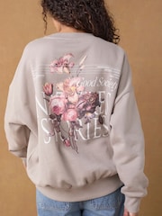 Neutral Stone Pretty Floral Longline Back Graphic Relaxed Fit 100% Cotton Sweatshirt - Image 4 of 7