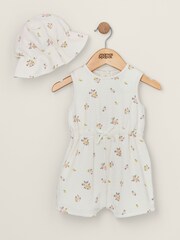 Mamas & Papas White 100% Cotton Floral Towelling Romper And Hat Set 2 Piece - Image 1 of 4