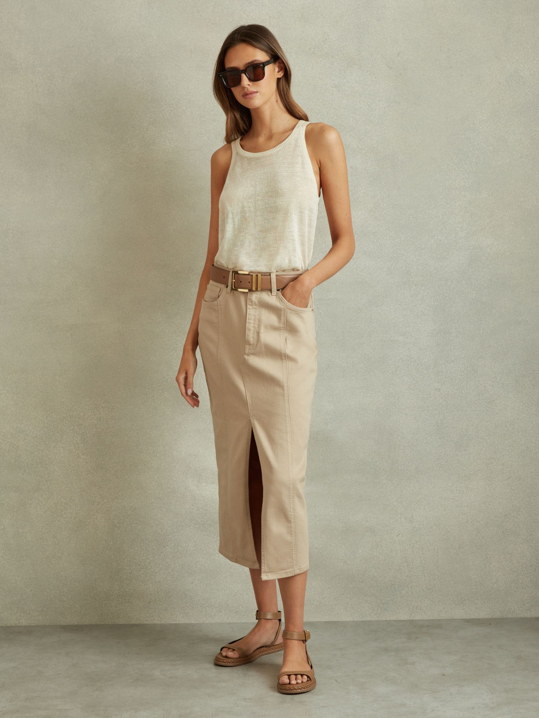 Reiss Stone High Rise Denim Midi Skirt