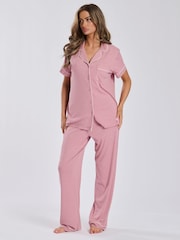 Loungeable Pink Short Sleeve and Long Bottom Traditional Pyjama Set - Image 6 of 6