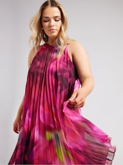 Yours Curve Pink Tropical Print Halter Neck Dress - Image 1 of 5