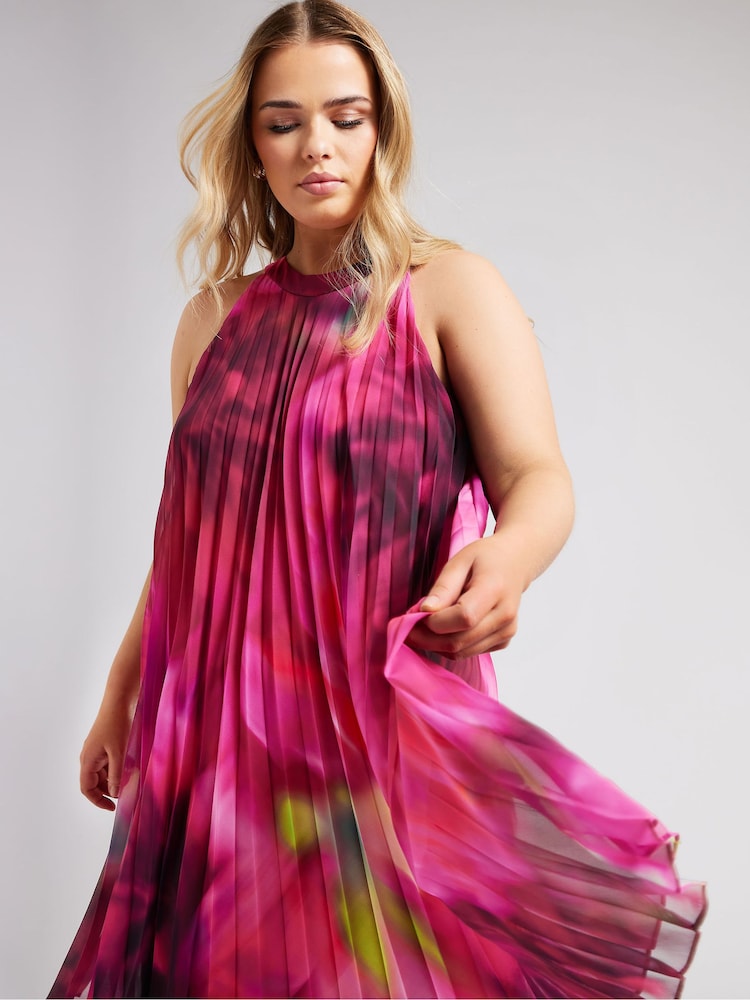 Yours Curve Pink Tropical Print Halter Neck Dress - Image 1 of 5