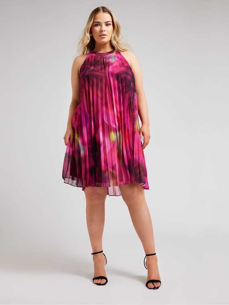 Yours Curve Pink Tropical Print Halter Neck Dress - Image 2 of 5