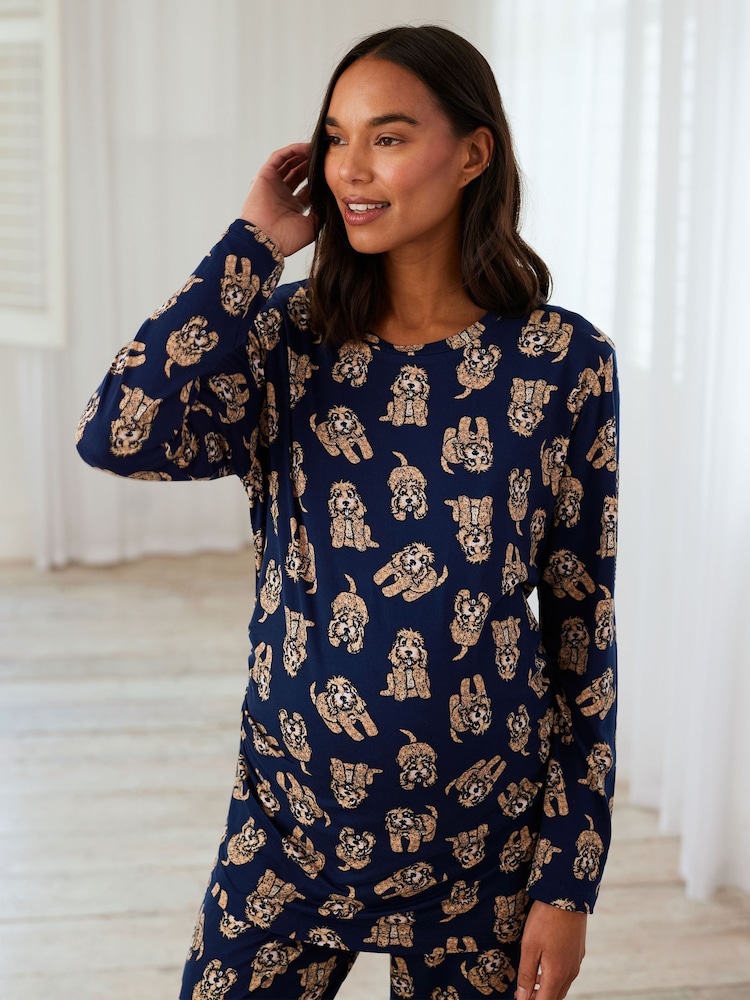 Buy Chelsea Peers Blue Maternity Cockapoo Print Crewneck Long Pyjama ...