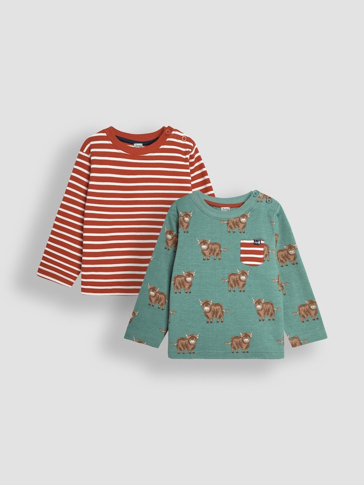 JoJo Maman Bébé Green Highland Cow Print & Stripe Long Sleeve 2-Pack Tops - Image 1 of 5