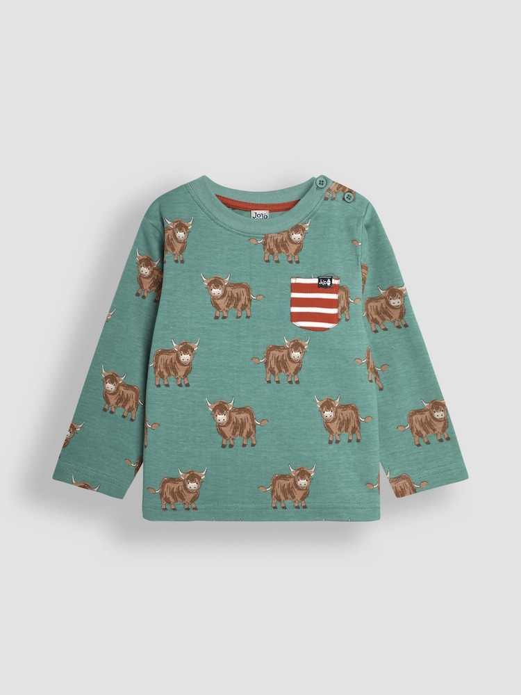 JoJo Maman Bébé Green Highland Cow Print & Stripe Long Sleeve 2-Pack Tops - Image 2 of 5