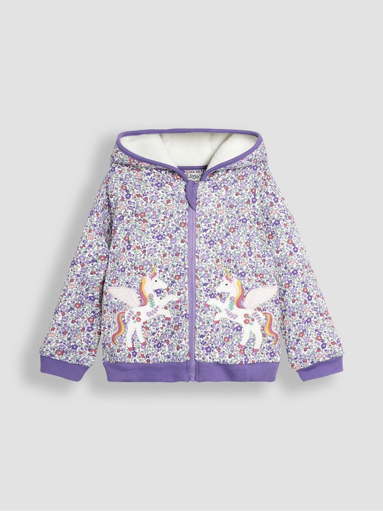 JoJo Maman Bébé Lilac Purple Unicorn Floral Cotton Appliqué Cosy Hoodie - Image 1 of 4