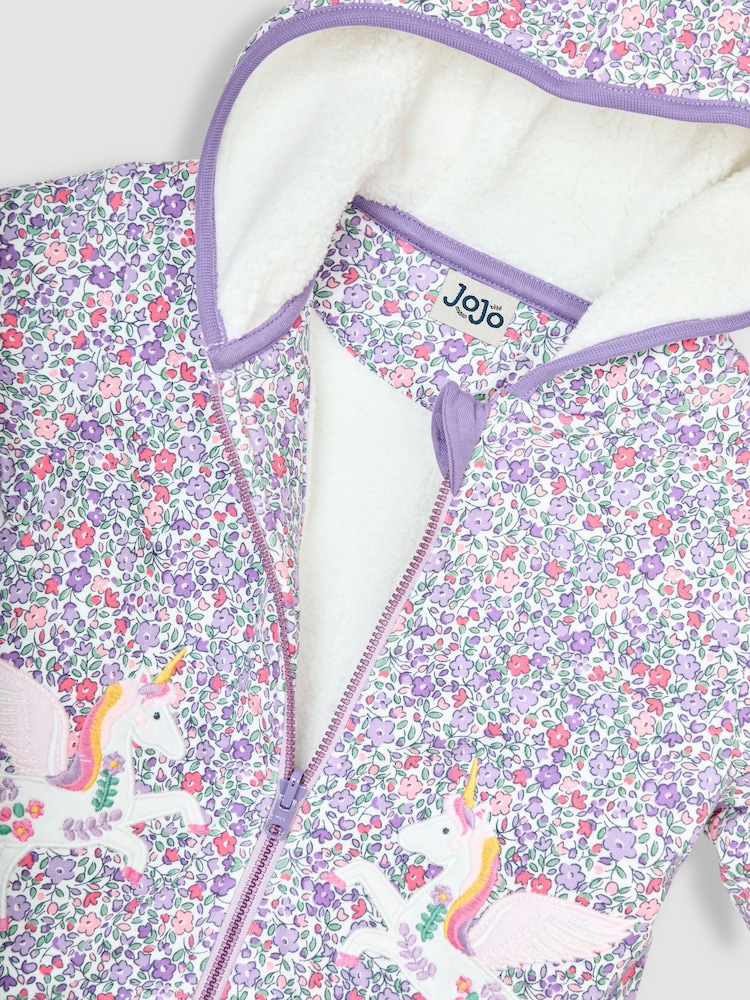 JoJo Maman Bébé Lilac Purple Unicorn Floral Cotton Appliqué Cosy Hoodie - Image 4 of 4
