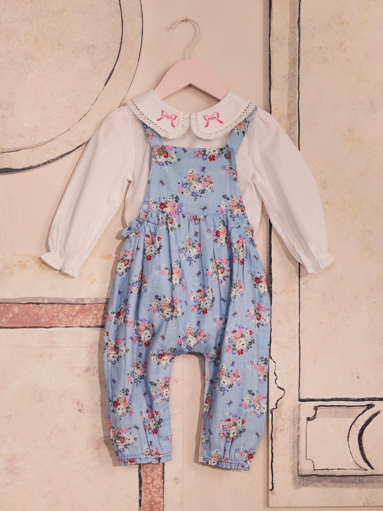 Cath Kidston Blue Floral Baby Woven 100% Cotton Dungarees & Long Sleeve Blouse Set - Image 1 of 10