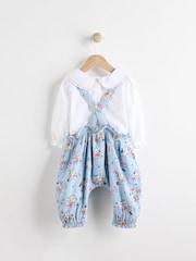 Cath Kidston Blue Floral Baby Woven 100% Cotton Dungarees & Long Sleeve Blouse Set - Image 3 of 10