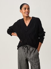 Black Cable Knitted Longline V-Neck Tunic Jumper with Wool - Image 1 of 7