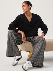 Black Cable Knitted Longline V-Neck Tunic Jumper with Wool - Image 2 of 7