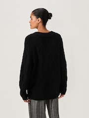Black Cable Knitted Longline V-Neck Tunic Jumper with Wool - Image 4 of 7