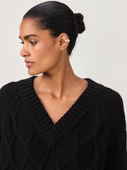 Black Cable Knitted Longline V-Neck Tunic Jumper with Wool - Image 5 of 7