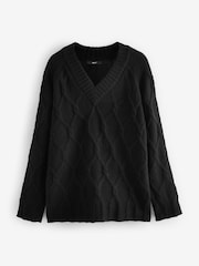 Black Cable Knitted Longline V-Neck Tunic Jumper with Wool - Image 6 of 7