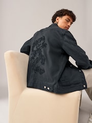 Smoke Grey Denim Trucker Jacket with Dragon Embroidery - Image 1 of 12