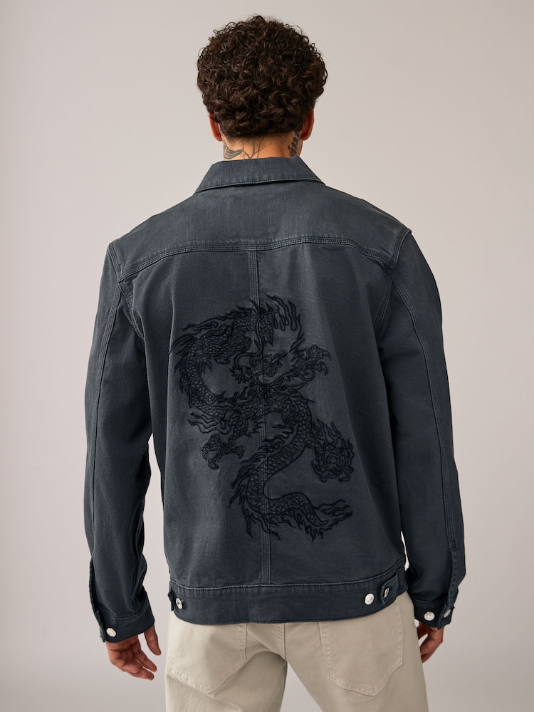 Smoke Grey Denim Trucker Jacket with Dragon Embroidery - Image 2 of 12
