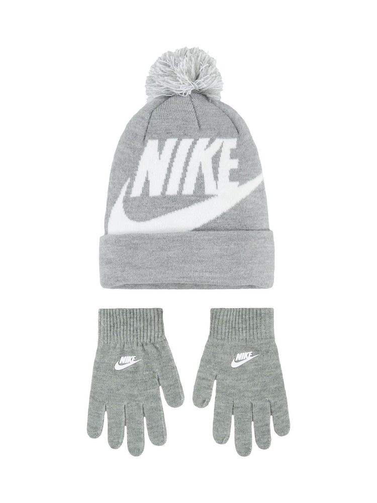 Nike Grey Swoosh Pom Beanie Hat and Gloves Set - Image 2 of 4 Nike Grey Swoosh Pom Beanie Hat and Gloves Set - Image 2 of 4