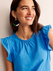 Boden Blue Pom Trim Ruffle Sleeve Top - Image 1 of 5