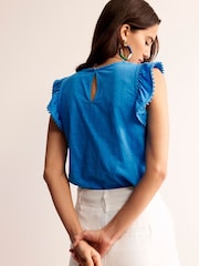 Boden Blue Pom Trim Ruffle Sleeve Top - Image 2 of 5