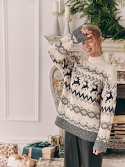 Black/White Matching Family Womens Christmas Fairisle Pattern Stag Jumper - Image 1 of 7