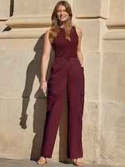 Sosandar Burgundy Red Wide Leg Cargo Trousers - Image 4 of 5