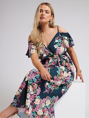 Yours Curve Blue London Cold Shoulder Wrap Dress - Image 1 of 5