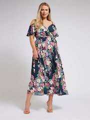 Yours Curve Blue London Cold Shoulder Wrap Dress - Image 2 of 5