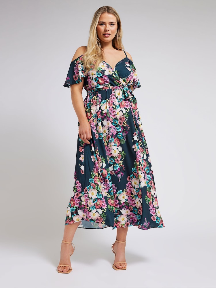 Yours Curve Blue London Cold Shoulder Wrap Dress - Image 2 of 5