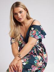 Yours Curve Blue London Cold Shoulder Wrap Dress - Image 4 of 5