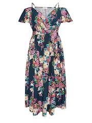 Yours Curve Blue London Cold Shoulder Wrap Dress - Image 5 of 5