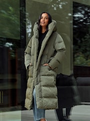 Khaki Green Premium Long Padded Hooded Coat - Image 1 of 7
