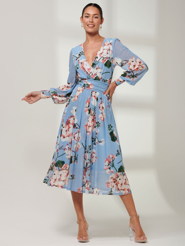 Jolie Moi Blue Floral Wrap Front Mesh Dress - Image 1 of 6 Jolie Moi Blue Floral Wrap Front Mesh Dress - Image 1 of 6