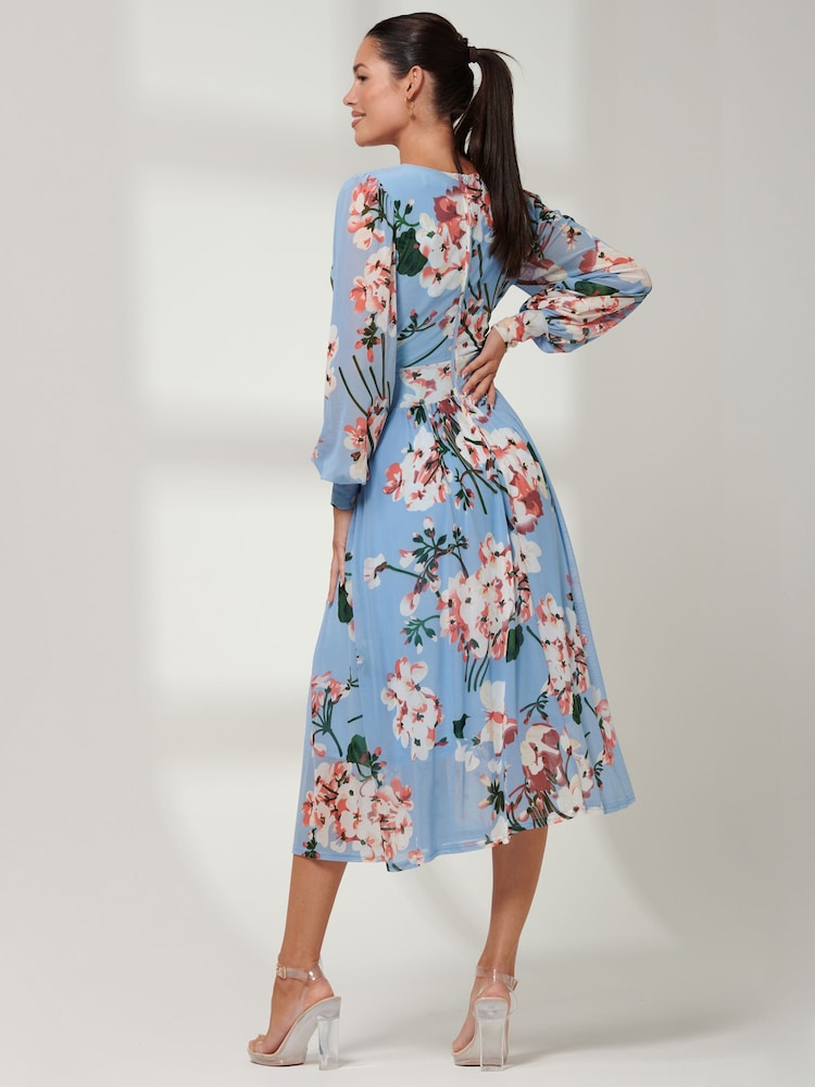 Jolie Moi Blue Floral Wrap Front Mesh Dress - Image 2 of 6 Jolie Moi Blue Floral Wrap Front Mesh Dress - Image 2 of 6