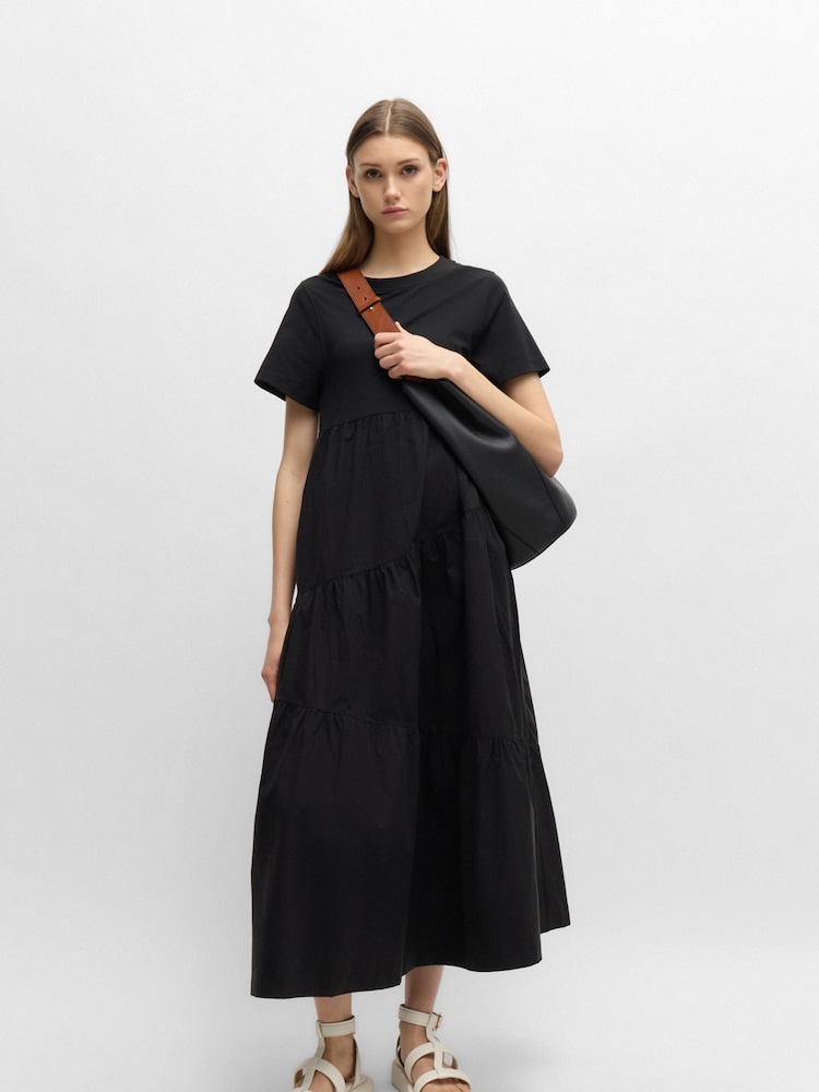 BOSS Black Cotton-Jersey Dress With Asymmetric-Tiered Skirt - Image 1 of 5 BOSS Black Cotton-Jersey Dress With Asymmetric-Tiered Skirt - Image 1 of 5