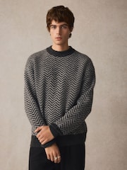 Black/Grey Relaxed Fit Herringbone Pattern Crew Jumper with Wool - Image 1 of 8
