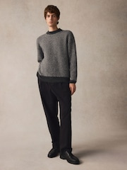 Black/Grey Relaxed Fit Herringbone Pattern Crew Jumper with Wool - Image 2 of 8