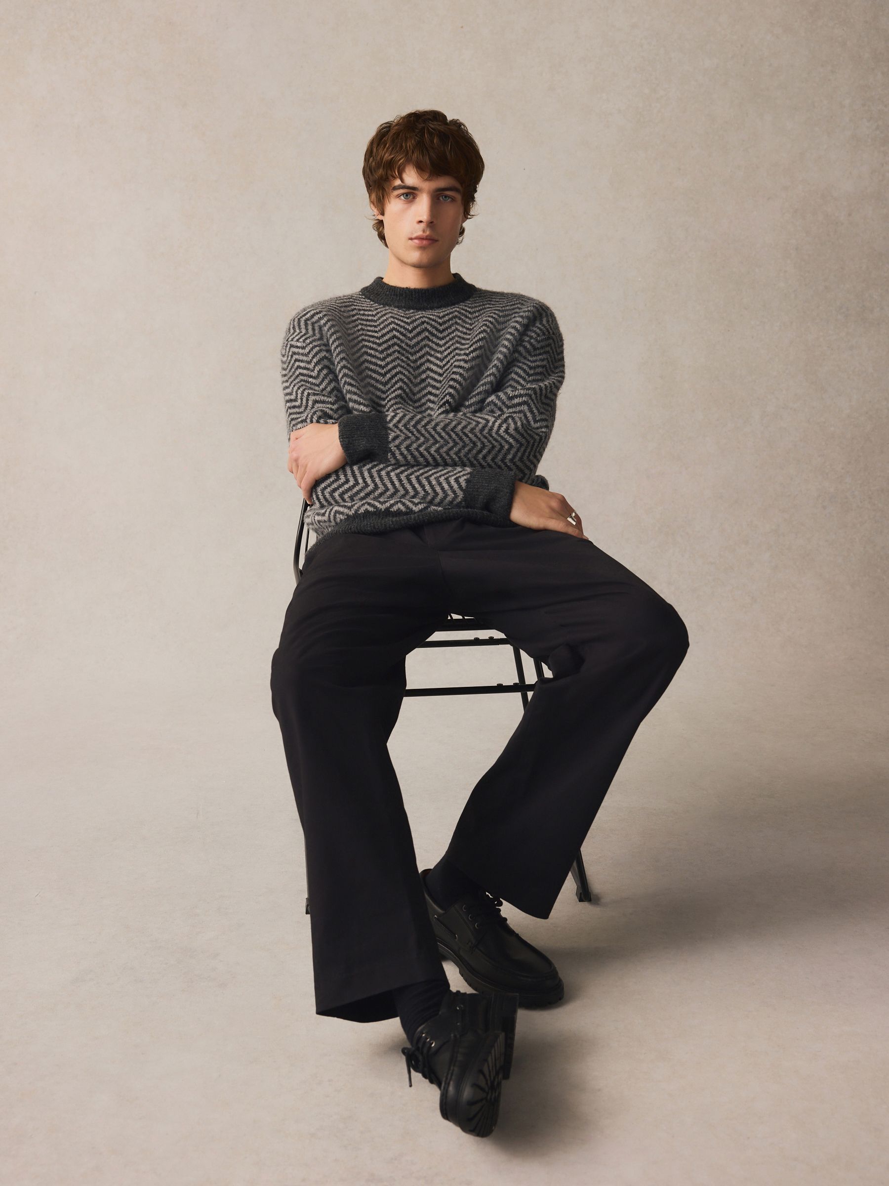 Buy Black/Grey Relaxed Fit Herringbone Pattern Crew Jumper Buy Black/Grey Relaxed Fit Herringbone Pattern Crew Jumper