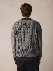 Black/Grey Relaxed Fit Herringbone Pattern Crew Jumper with Wool - Image 4 of 8