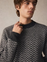 Black/Grey Relaxed Fit Herringbone Pattern Crew Jumper with Wool - Image 5 of 8