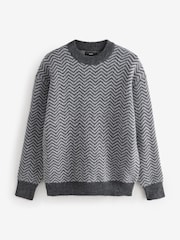 Black/Grey Relaxed Fit Herringbone Pattern Crew Jumper with Wool - Image 6 of 8