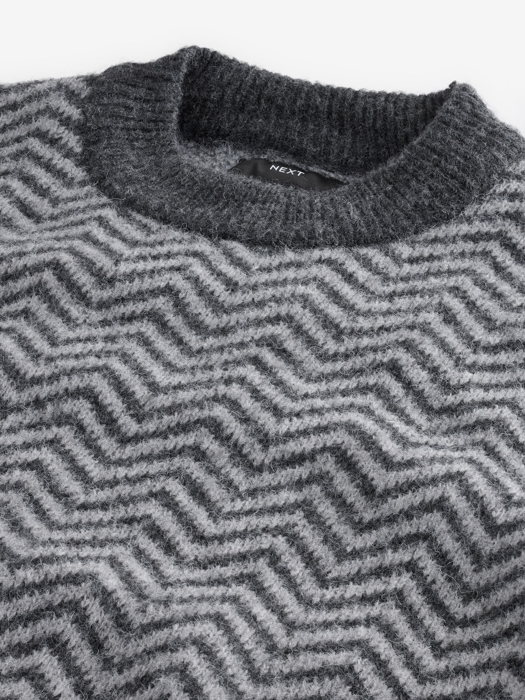 Buy Black/Grey Relaxed Fit Herringbone Pattern Crew Jumper Buy Black/Grey Relaxed Fit Herringbone Pattern Crew Jumper