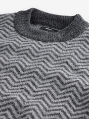 Black/Grey Relaxed Fit Herringbone Pattern Crew Jumper with Wool - Image 7 of 8